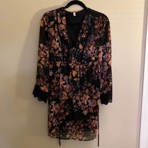 Cute black fall dress with floral print, like new. Sheer sleeves